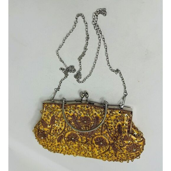 Beaded Sequin Gold Kiss Lock Satin‎ Interior, Chain Strap Evening Bag Handbag - Picture 1 of 8